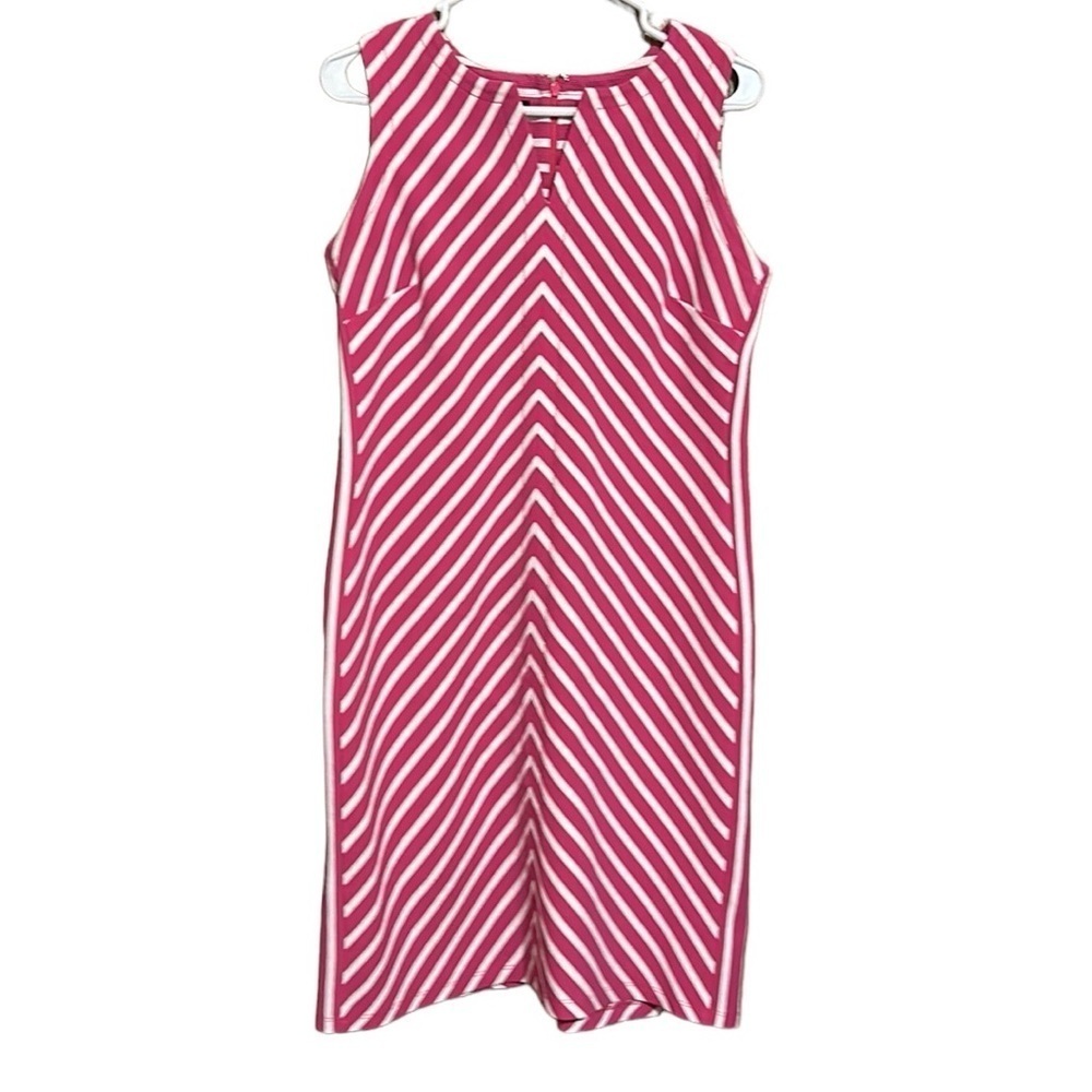 Talbots Women's Sheath Dress Sleeveless Chevron Striped Pink White Sz Medium